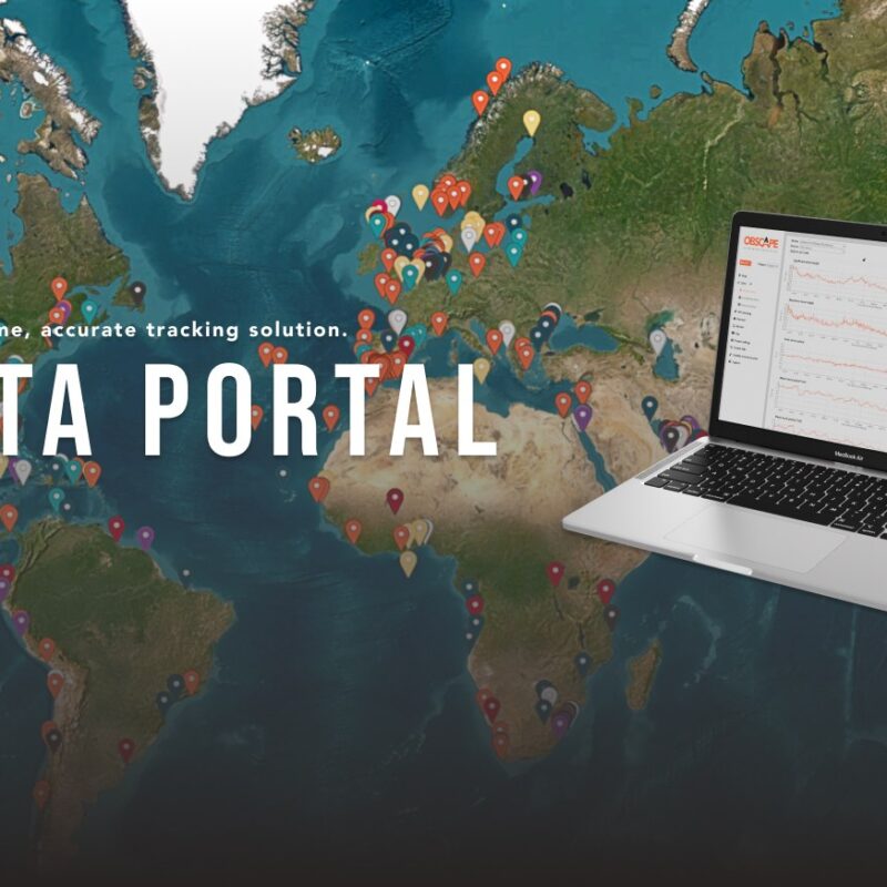 The Obscape Data Portal shown on a laptop over a world map of global monitoring deployments.