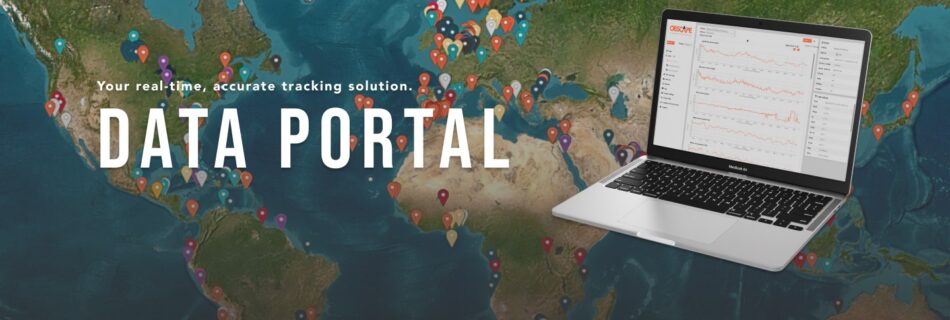 The Obscape Data Portal shown on a laptop over a world map of global monitoring deployments.